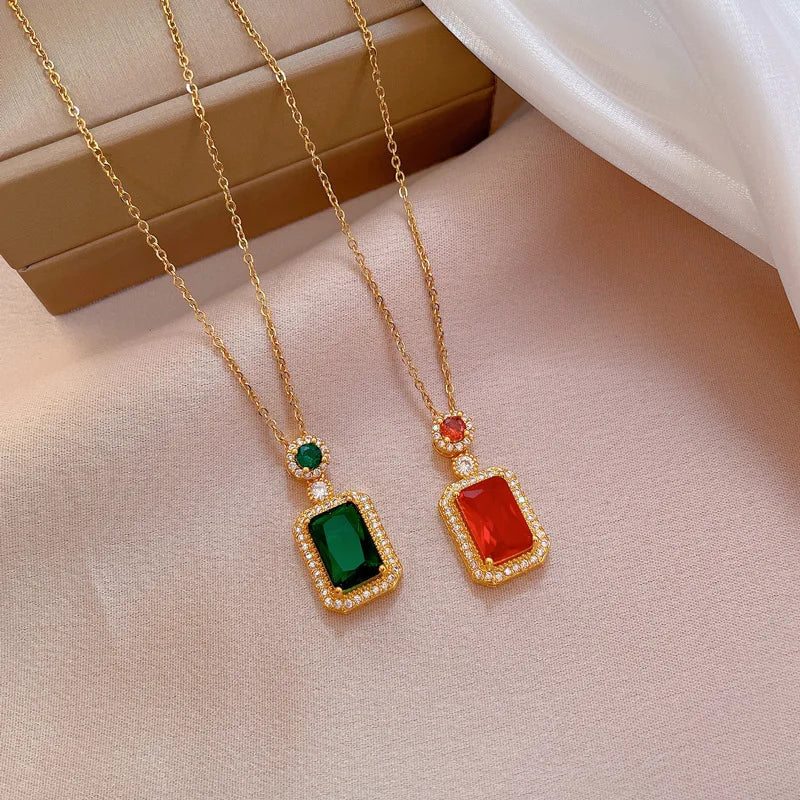 Women's Gold Zirconia Square Pendant Necklace – Stainless Steel