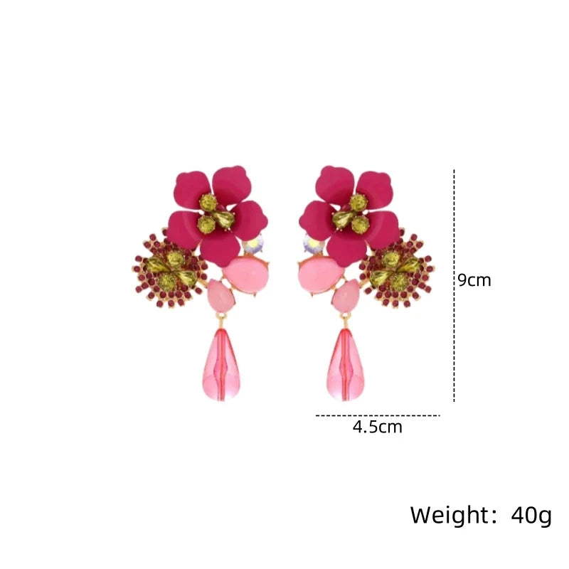 Women's Colorful Flower Rhinestone Drop Earrings – 14K Gold