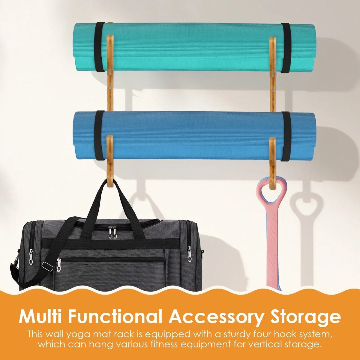 Wood Wall Mount Yoga Mat Holder Rack – 2 Pcs Gym Organizer