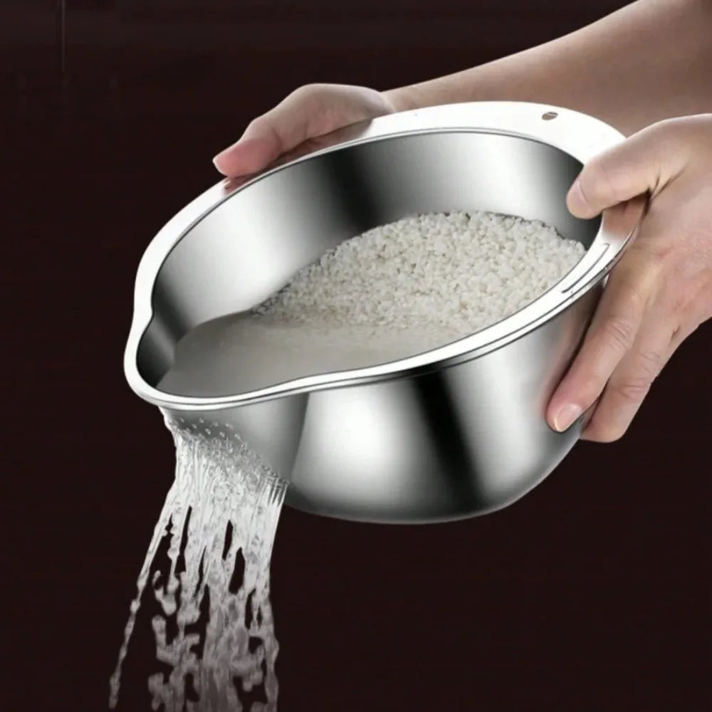 Stainless Steel Rice Washing Bowl & Vegetable Fruit Colander