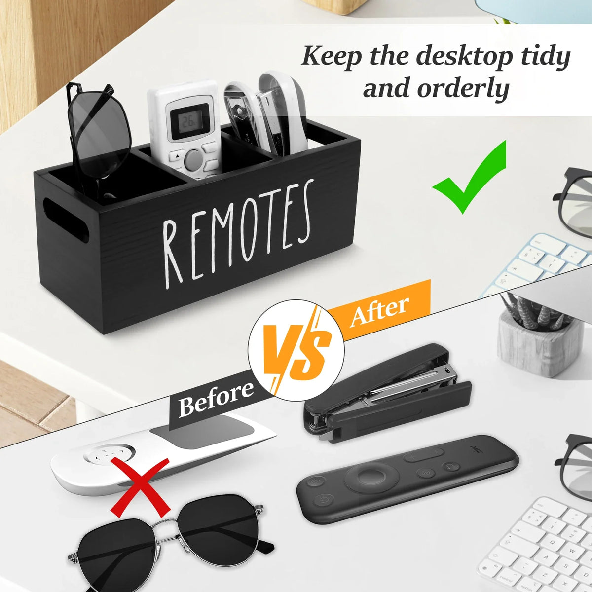 Wooden TV Remote Holder – 3-Compartment Desk Organizer