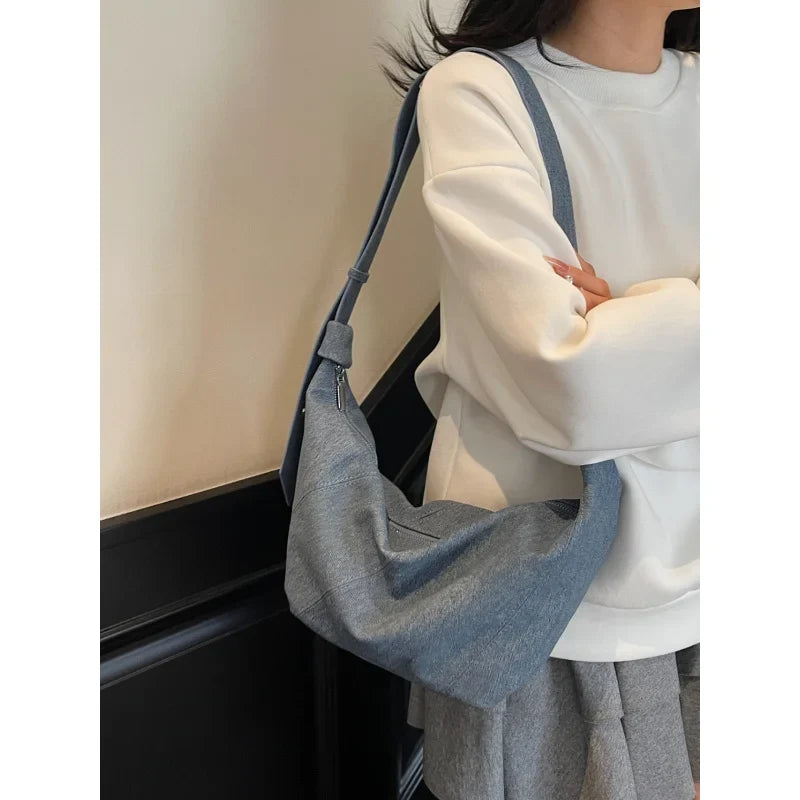 Nixie Denim Crossbody Dumpling Bag – Large Capacity Hobo