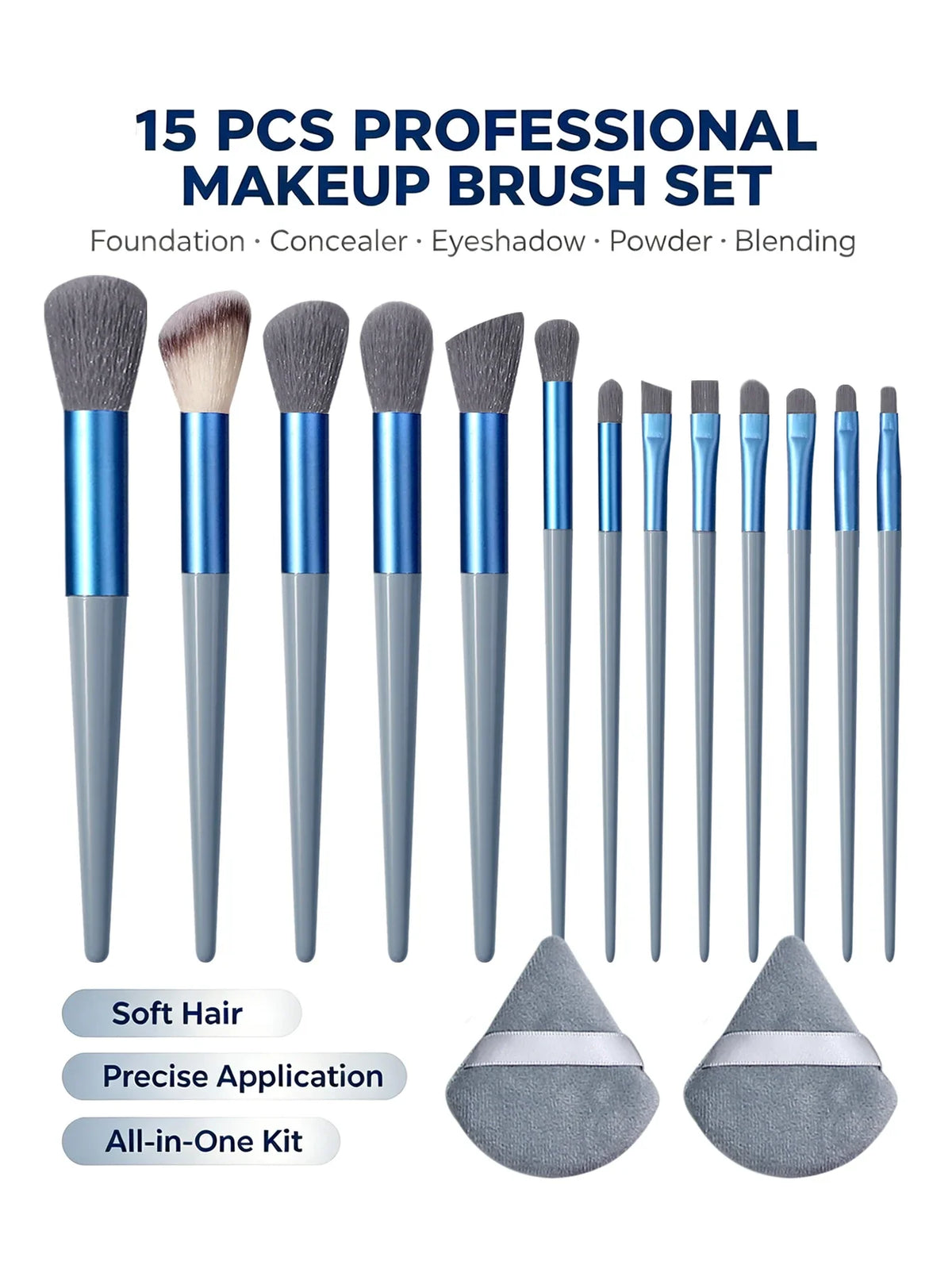 15Pc Makeup Brush Set + 2 Triangle Puffs | Pro Synthetic Kit