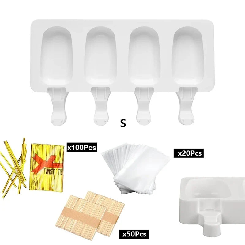 4-Pack Large Silicone Popsicle Molds with Wooden Sticks