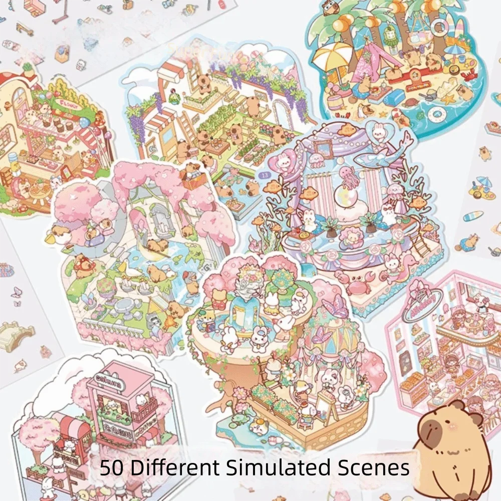 50-in-1 Miniature Scene Landscape Stickers – DIY 3D PET Pack