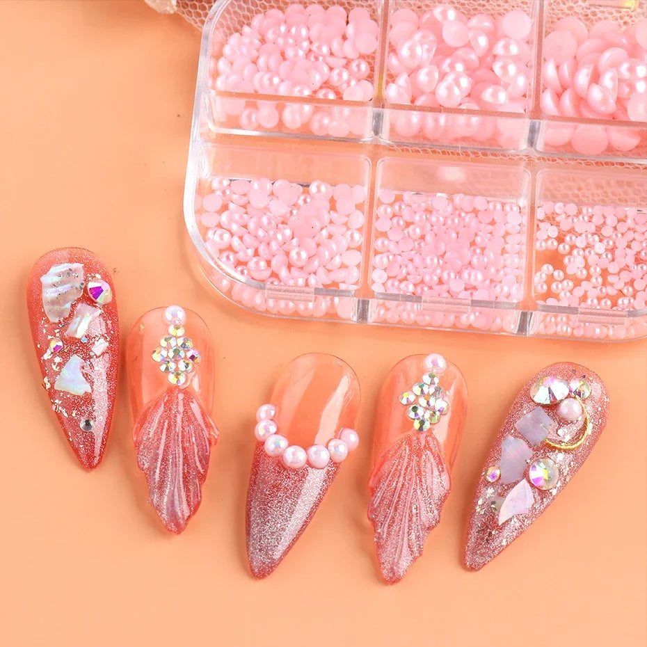 Pink Nail Pearl Beads – 6-Grid Flat Semicircle Rhinestone Gems