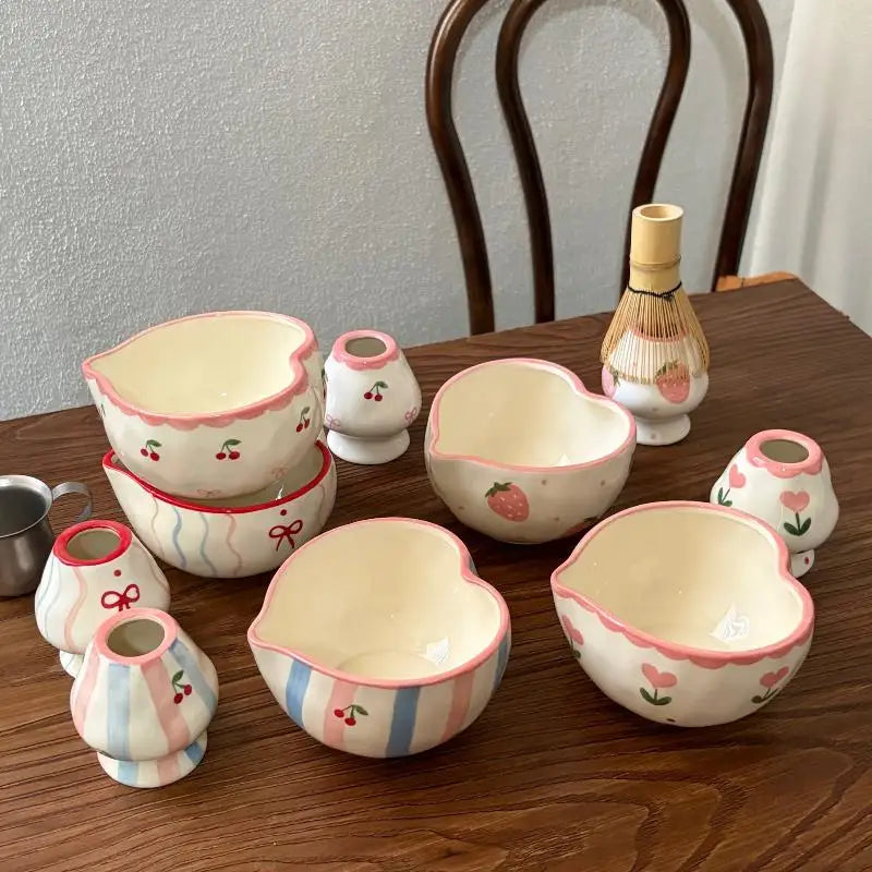 Heart Print Ceramic Matcha Bowl & Whisk Holder Set – 2Pcs