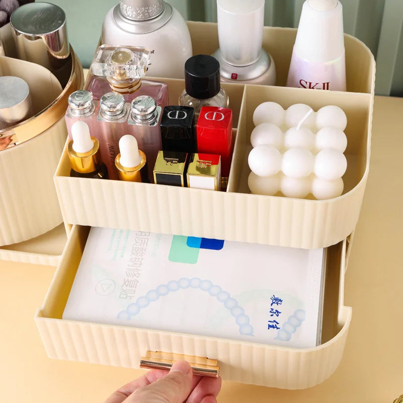 360 Rotating Makeup Brush Organizer with Drawer | Cream White