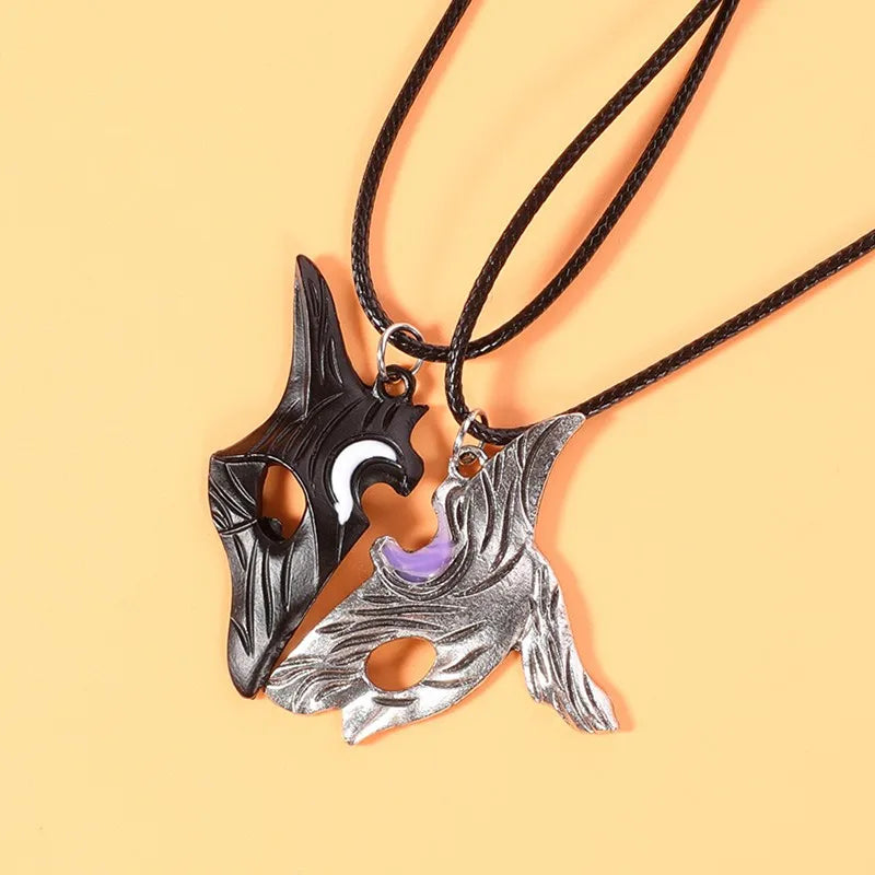 2PCS Silver Sheep & Wolf Couple Pendant Necklace Set
