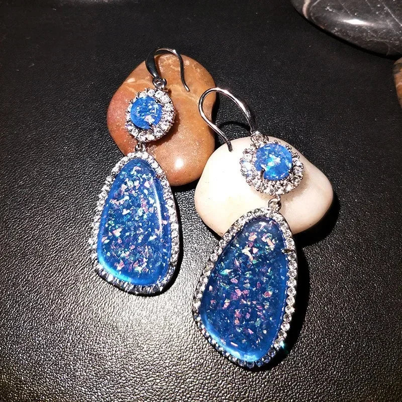 Water Drop Simulated Opal Dangle Earrings – Blue Crystal