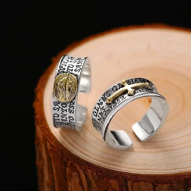 Vintage Cross Virgin Mary Adjustable Ring – Silver Fashion Jewelry