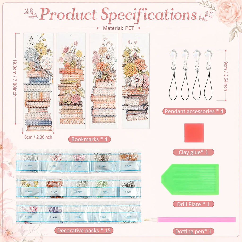 4-Pack Diamond Art Bookmark Kit – DIY Rhinestone Bookmarks