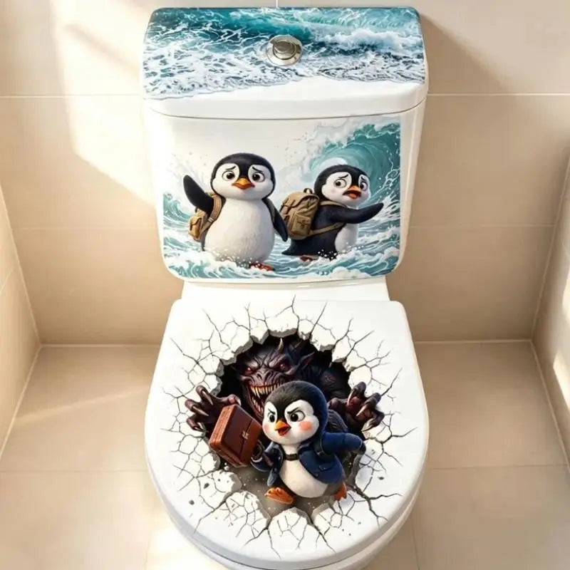 3D Penguin Toilet Lid Sticker – Funny Waterproof Bathroom Decal