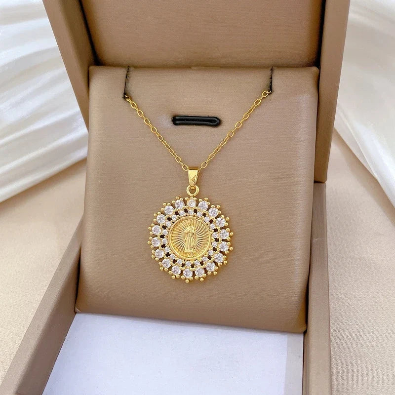 Women's Gold Plated Round Portrait Pendant Choker Necklace