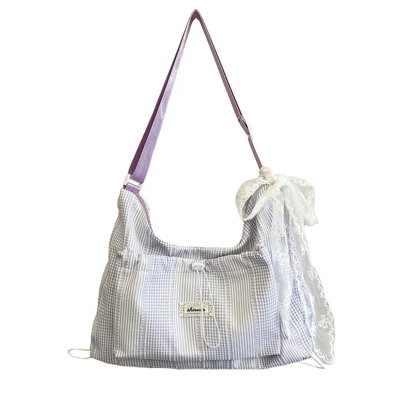Women's Striped Nylon Tote Bag – Large Capacity Shoulder Bag