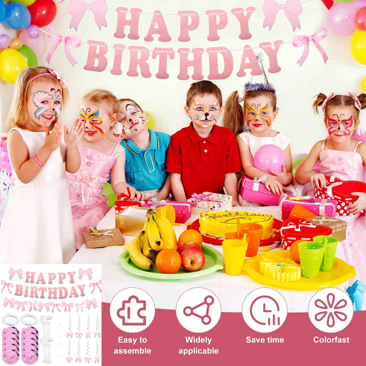 Pink Bow Happy Birthday Banner & Swirl Party Decoration Set
