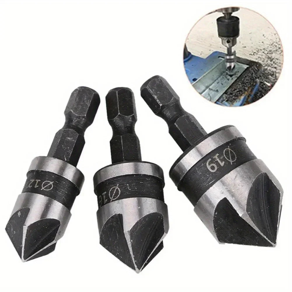 HSS 3-Flute Deburring Drill Bit Set 5-Pack | Hex Handle 3–19mm
