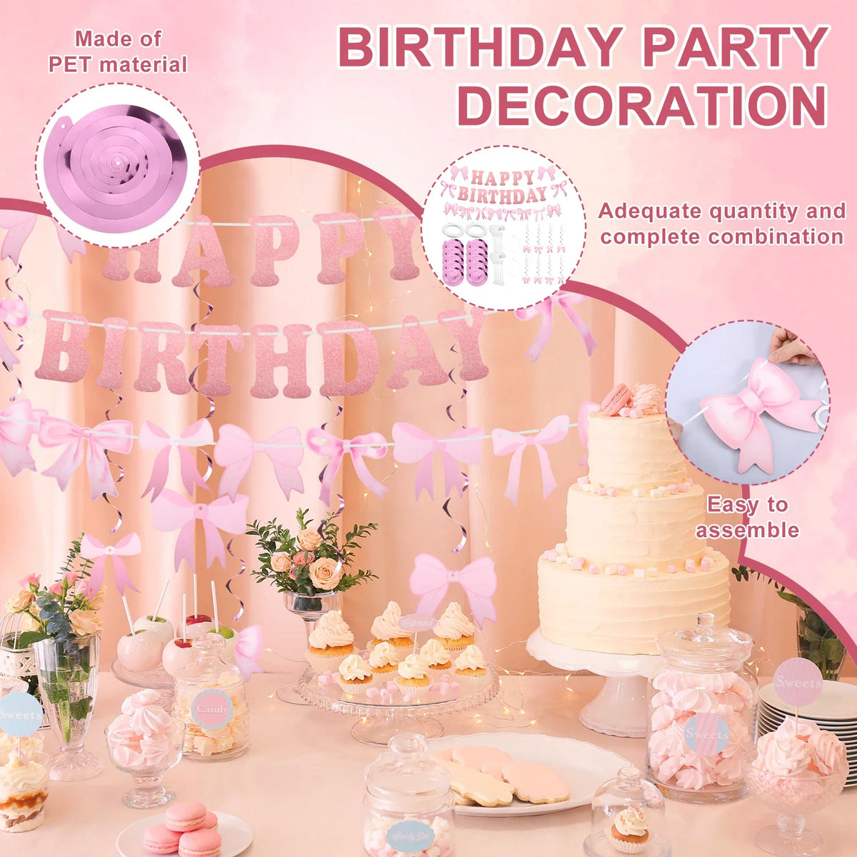 Pink Bow Happy Birthday Banner & Swirl Party Decoration Set