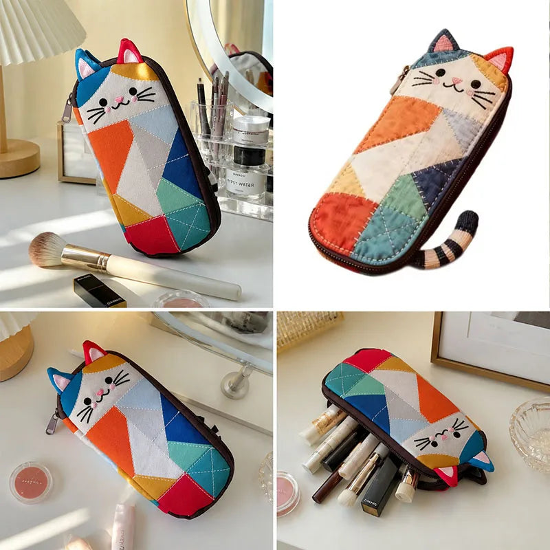 Patchwork Cat Quilted Makeup Brush Bag & Cosmetic Organizer