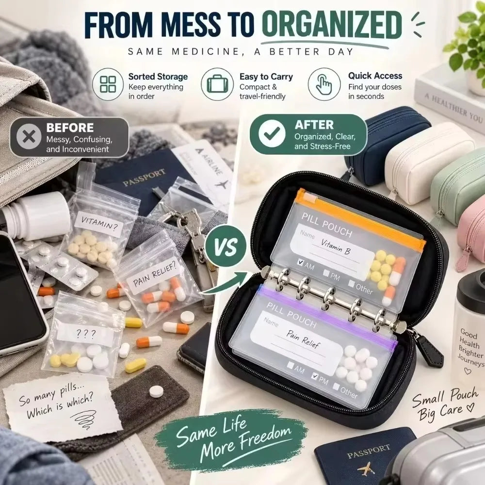 Compact Pill Organizer – 14 Zipper Pouches & Binder Case