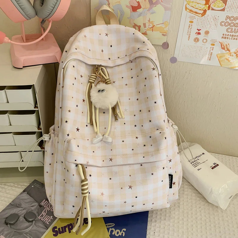 Korean Plaid Backpack – Cute Star Design, Lightweight School Bag