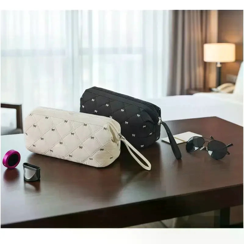 Quilted Hair Dryer Bag – Bow Embroidery Travel Storage Organizer