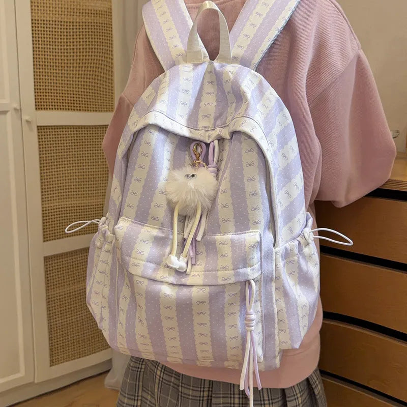 Nixie Striped Bow School Backpack – Large Capacity Teen Girls
