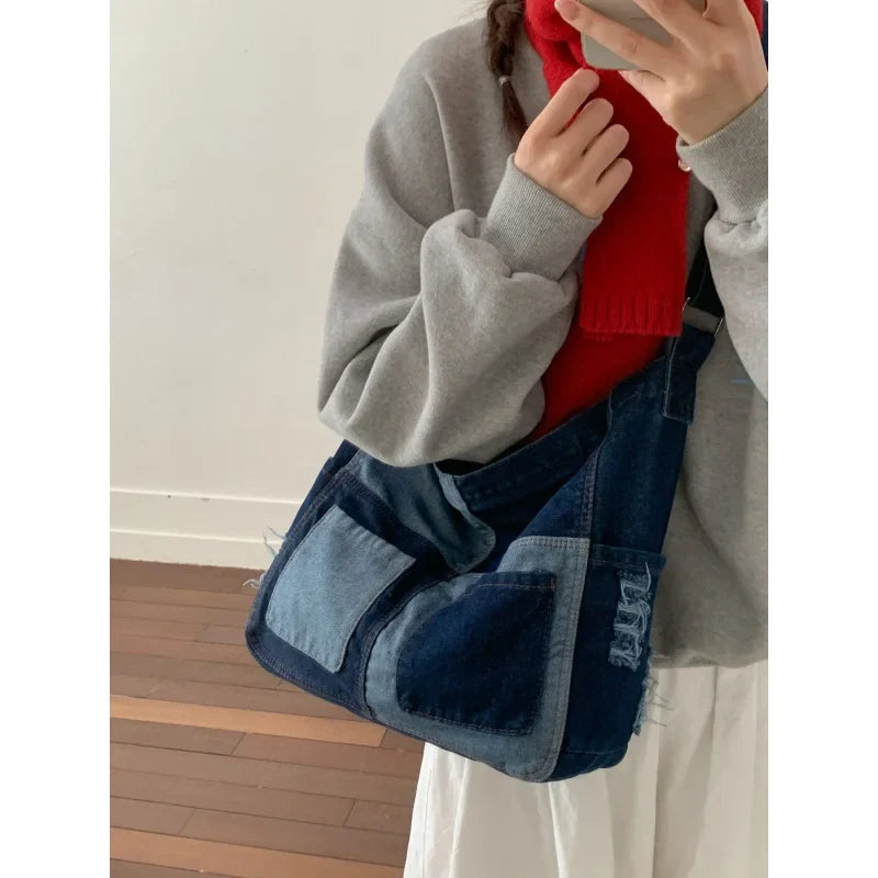 Denim Patchwork Crossbody Bag | Japanese Retro Messenger Bag