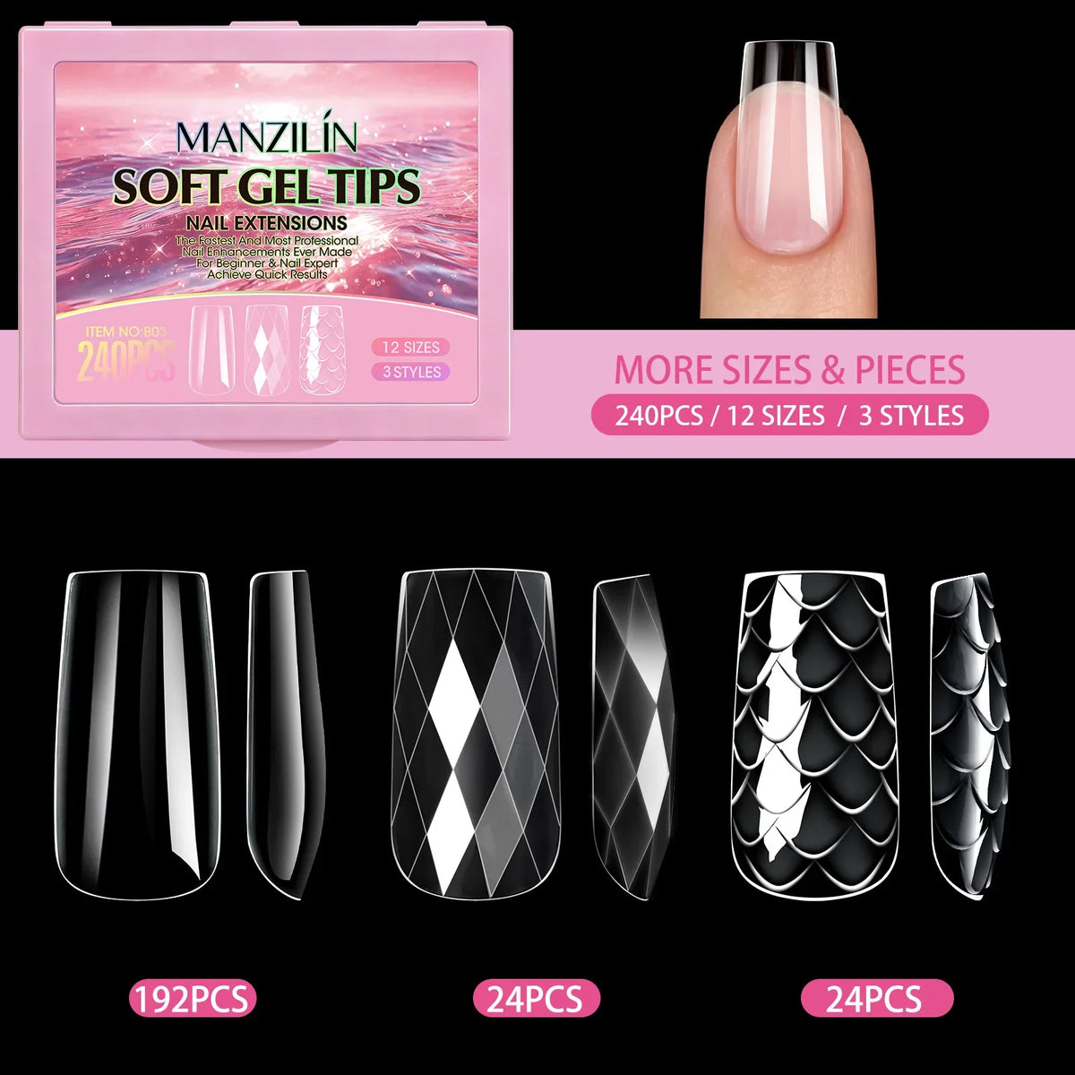 3D Fish Scale Press On Nails 240Pcs – Short Almond Soft Gel