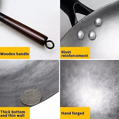 FEB.WIND Hand Forged Iron Wok – Non-Coating, Wooden Handle