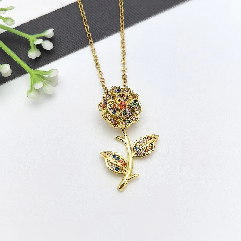 Zircon Flower Pendant Necklace | Gold Stainless Steel | Nixie