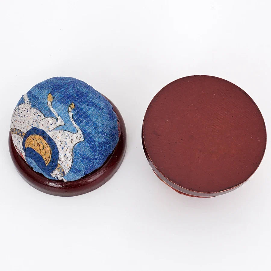 Retro Chinese Fabric Pin Cushion with Wooden Base | Sewing Tool