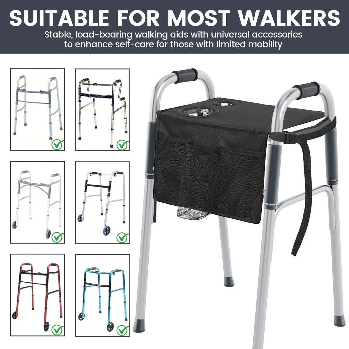 Folding Walker Tray with Cup Holder & Multi-Pocket Storage Bag