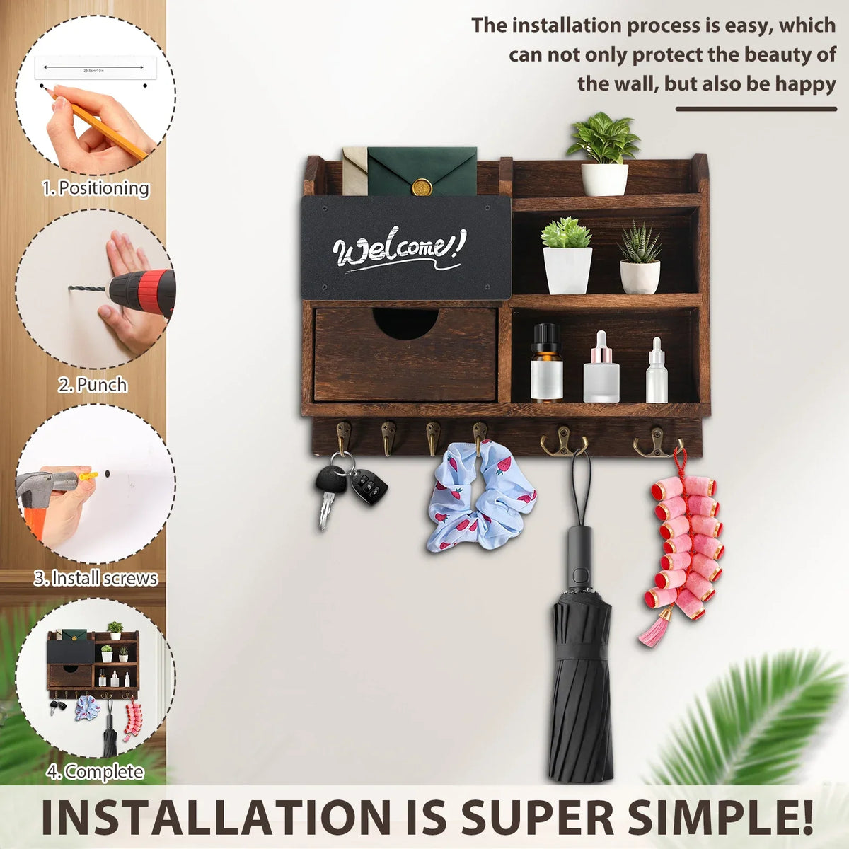 Wooden Wall-Mounted Key & Mail Organizer with Hooks & Drawer