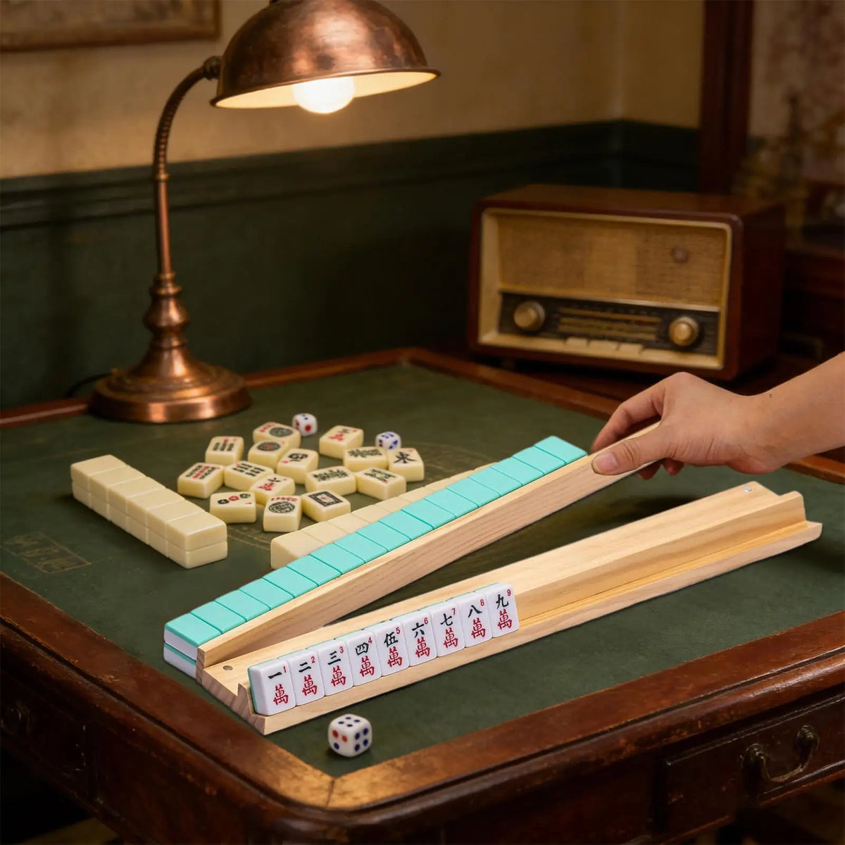 Wooden Mahjong Tile Racks with Pushers – 4-Piece Set
