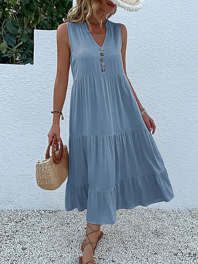 Women's Sleeveless V-Neck Ruffle Midi Sundress | SAILASIDIYA