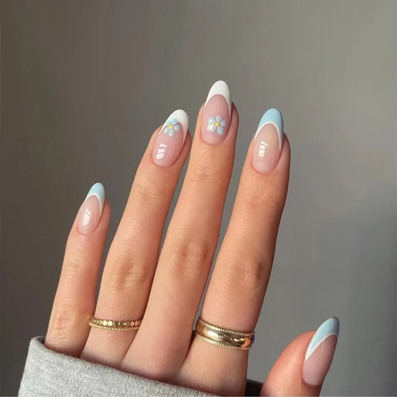 Handmade Nude Blue Floral False Nails L Size – 24Pcs