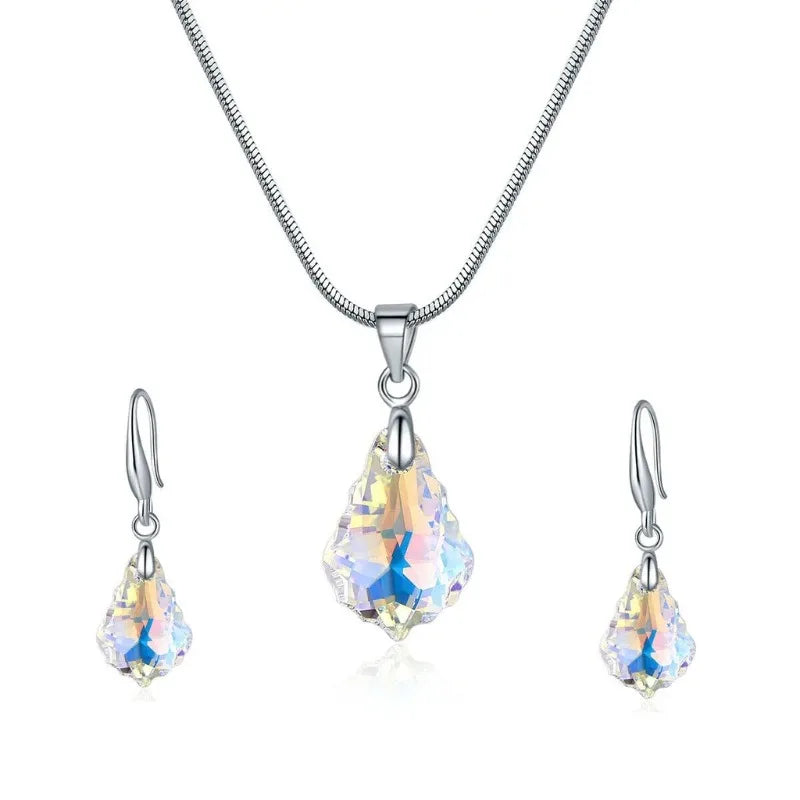 Water Drop Crystal Necklace & Earrings Set | AB White Glass