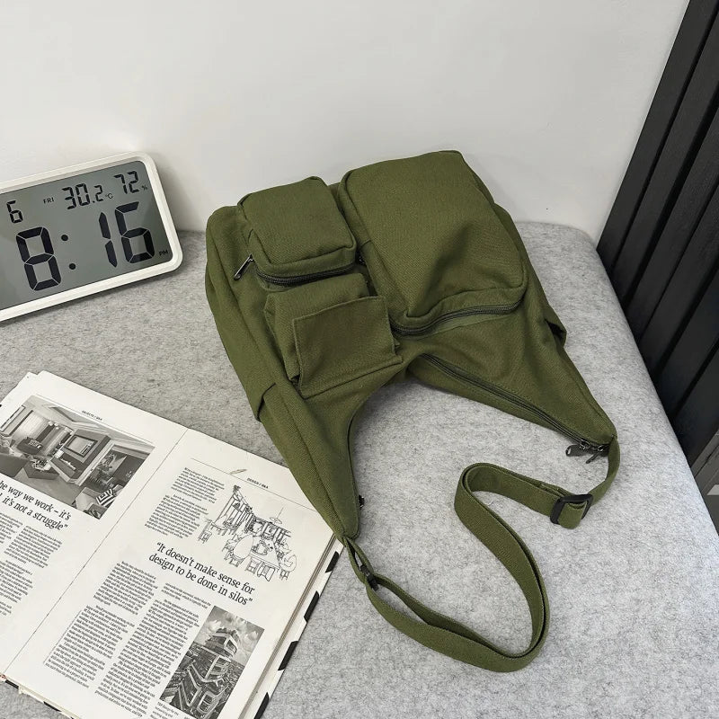 Large Canvas Dumpling Crossbody Bag – Unisex Multi-Pocket