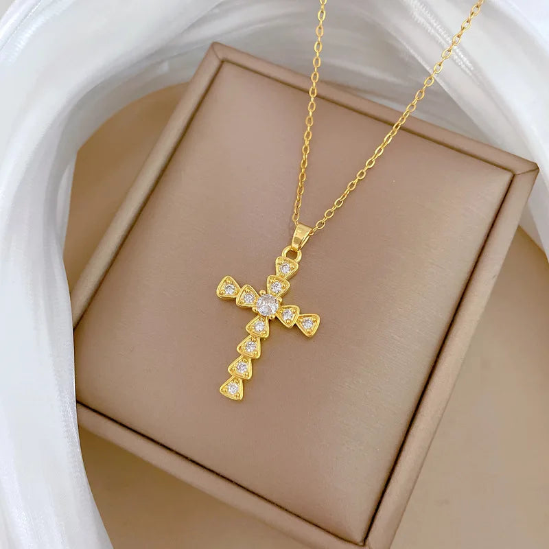 Women's Gold Cross Pendant Necklace – Stainless Steel Choker