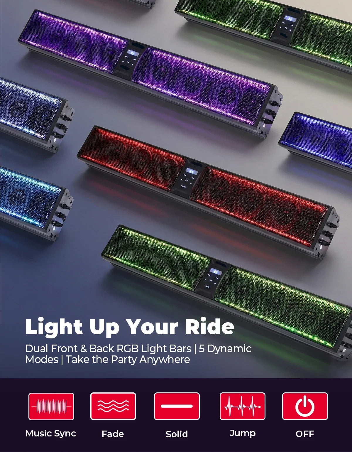 UTV RGB Sound Bar Bluetooth 5.0 | Fits 1.75–2.25" Roll Bars