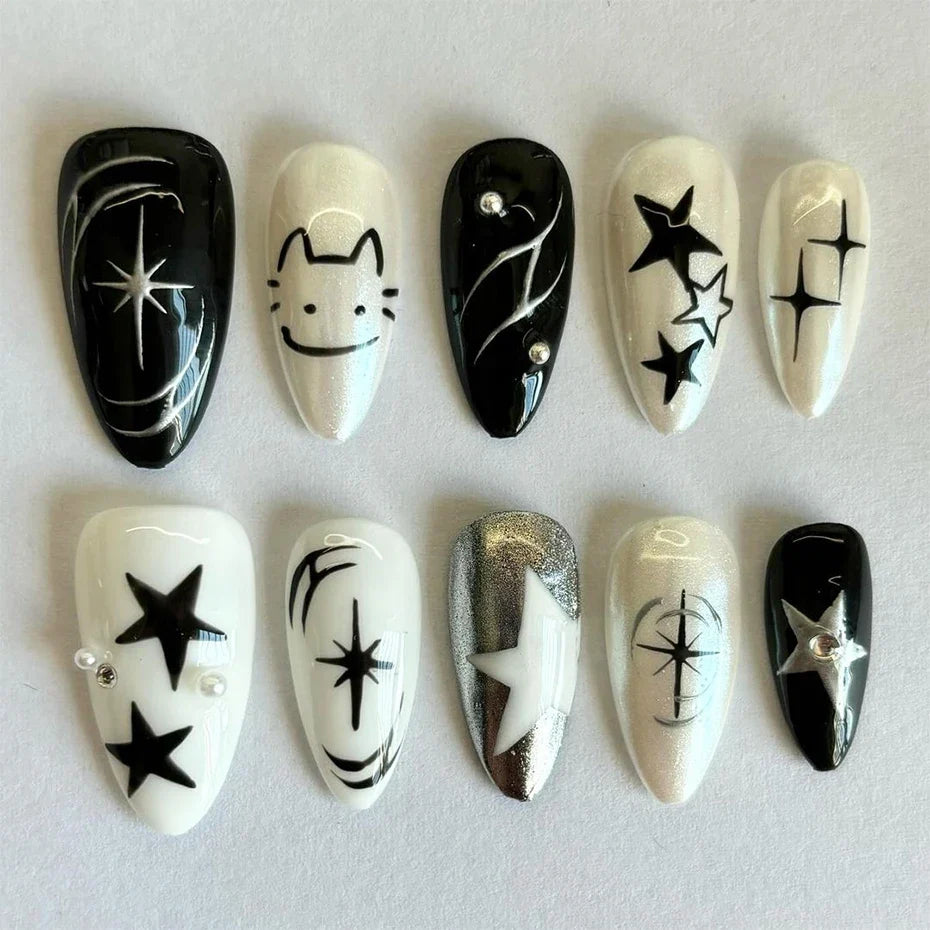 Y2K Cat & Dog Nail Art Stickers | Black Silver Decals 2 Sheets